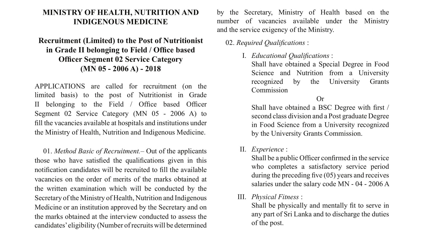 Nutritionist (Limited) - Ministry of Health, Nutrition & Indigenous Medicine